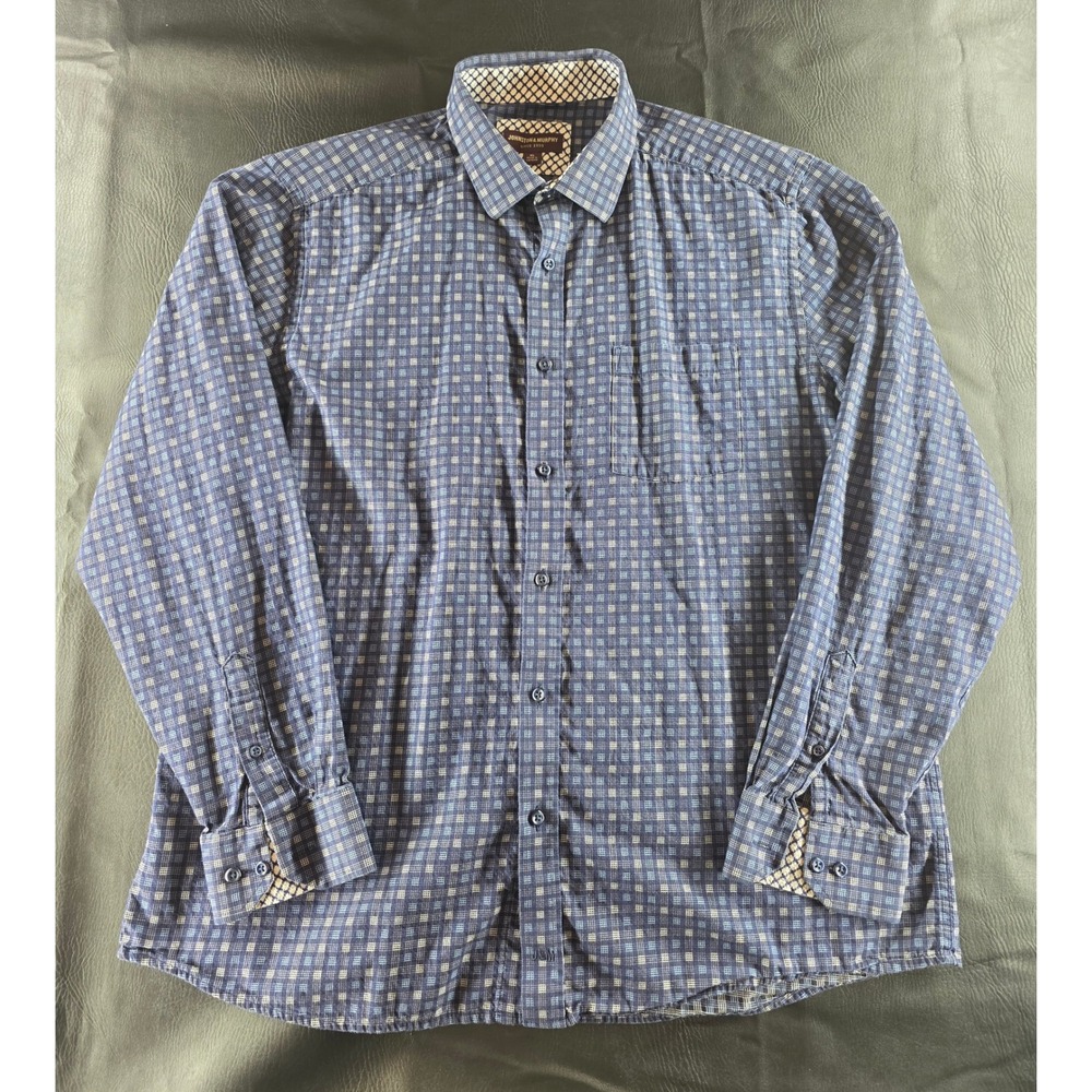 Johnston & Murphy Mens XL Blue Grid Long Sleeve Button Down Shirt Casual